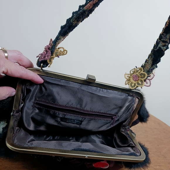 Vintage Nicole Lee Shoulder Bag Tapestry Faux Fur Boho Black - Picture 8 of 15